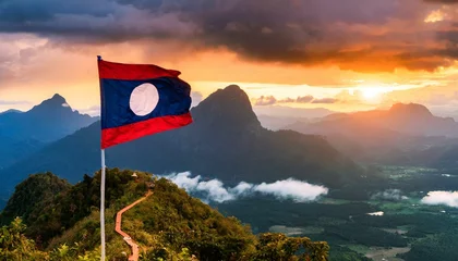 Raamstickers The Flag of Laos On The Mountain. © Daniel