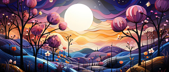 Obraz premium illustration of a landscape with a river and trees at night