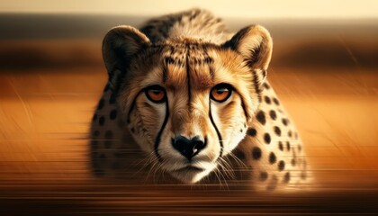 A close-up of a cheetah's face as it intently focuses on its prey, its gaze locked and ears pinned back, set against a blurred savannah background to .