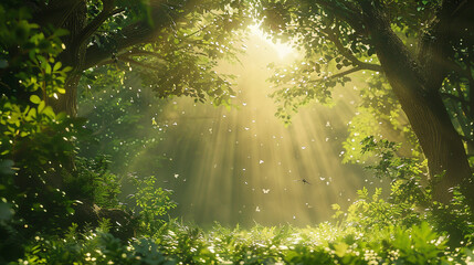 Delve into the essence of sustainability and nature through an AI-generated image capturing a lush green forest with sunlight filtering through the canopy, symbolizing harmony and eco-consciousness. 