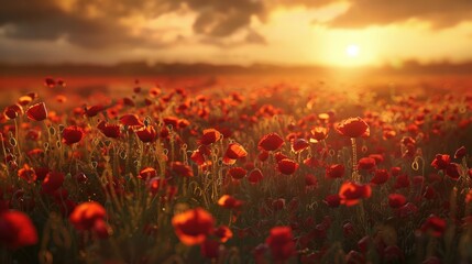 Fototapeta na wymiar Breathtaking landscape of a poppy field at sunset with the sun dipping low on the horizon, casting a warm glow over the vibrant red flowers