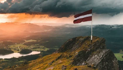 Deurstickers The Flag of Latvia On The Mountain © Daniel