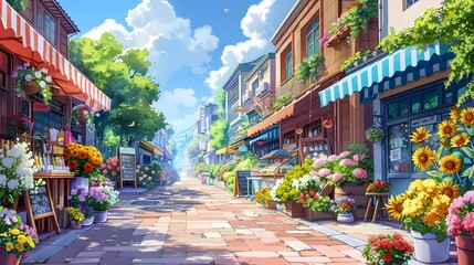 Bright and inviting digital illustration of a sun-drenched street lined with quaint shops and abundant flowers. - obrazy, fototapety, plakaty