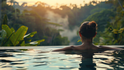 A woman relaxing in an infinity pool enjoying the natural scenery of lush greenery and trees at sunset, feeling calm after her spa experience - obrazy, fototapety, plakaty