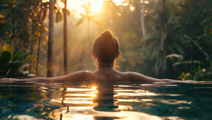 A woman relaxing in an infinity pool enjoying the natural scenery of lush greenery and trees at...