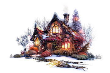 Fototapeta na wymiar A small fairy tale cottage surrounded by trees and mystic lights, clipart, fantasy, for scrapbooking, video games
