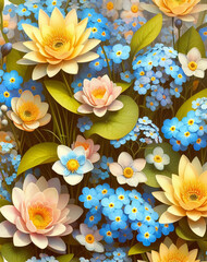 Seamless patterns of forget-me-not flowers.