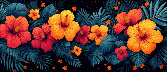 a many different colored flowers and leaves on this black background