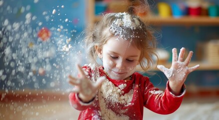n image of a cheerful child throwing flour in all directions in the kindergarten, capturing the playful and messy nature of the activity and the child's joy and enthusiasm.