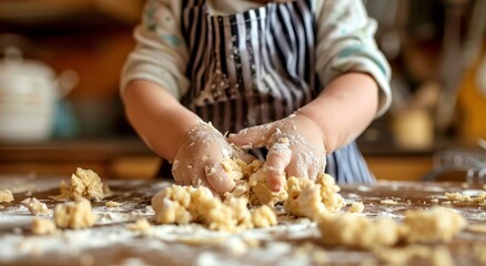  an image of a child rolling out dough in the kitchen, capturing the joy and messiness of the cooking experience.