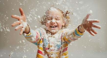 n image of a cheerful child throwing flour in all directions in the kindergarten, capturing the playful and messy nature of the activity and the child's joy and enthusiasm.