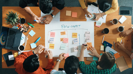 Top down aerial view of professional business people hands making scrum task board to manage...