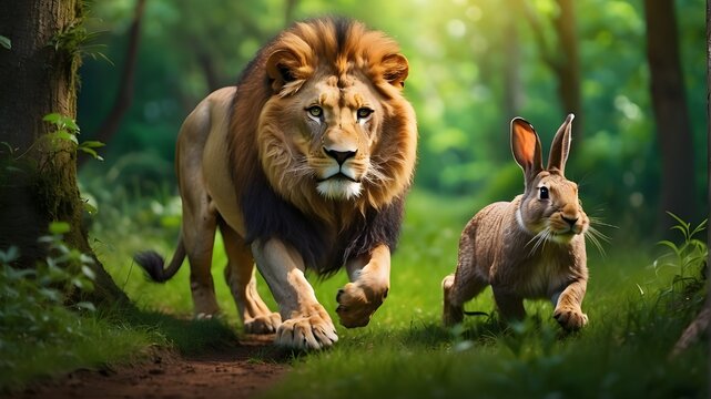 A Lion's Hunt Through the Verdant Forest, The Lion and Rabbit's Forest Encounter, A Tense Drama in the Forest, The Lion's Pursuit of a Rabbit in the Lush Wilderness, The Lion's Quest for the Elusive