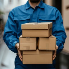 an image of a friendly delivery man wearing a blue uniform, holding multiple cardboard boxes in his hands, ready to deliver them to the customer, and highlighting the efficiency and reliability of the
