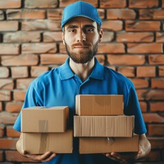 an image of a friendly delivery man wearing a blue uniform, holding multiple cardboard boxes in his hands, ready to deliver them to the customer, and highlighting the efficiency and reliability of the