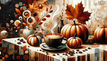 Autumnal Coffee Bliss Amidst Painterly Perfection, Crafted by AI - 786913013
