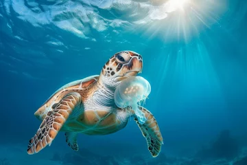 Fotobehang Close-up of a colorful sea turtle gracefully swimming in clear turquoise water, showcasing the beauty of marine life. © bajita111122