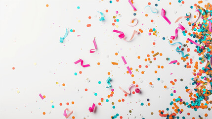 Festive white background with colorful confetti and streamers. Birthday border frame with empty copy space. Generative AI