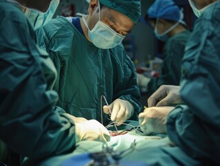Several doctors in the operating room are working