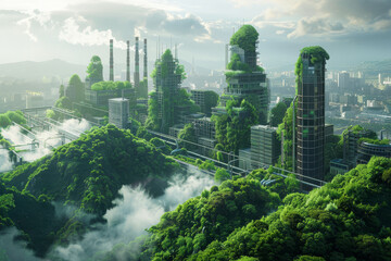 Futuristic Green Cityscape with Eco-Friendly Buildings. - obrazy, fototapety, plakaty