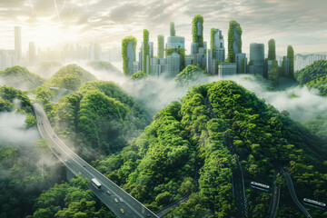 Fototapeta premium Futuristic Green Cityscape with Eco-Friendly Buildings.