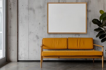 Designer interior of a room in minimalist style. Yellow sofa, plant, frame painting mockup