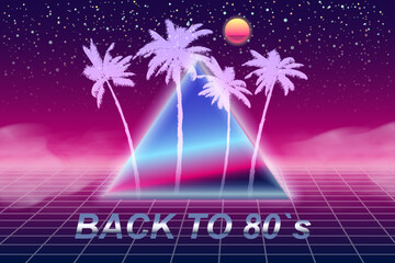 Back to 80's retro banner vaporwave aesthetic background Synthwave. Palms silhouette triangle grid 3d, sunset retrowave
