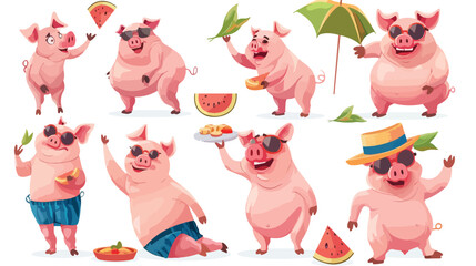 Cartoon pig set. Funny pig icons and action cute anim