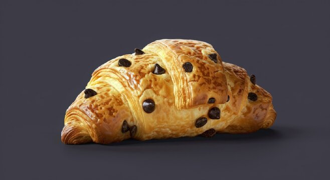 Crookie croissant with filling chocolate chip cookie dough. crookie croissant on a dark background. top view.  food commercial photography, free place for text.
 