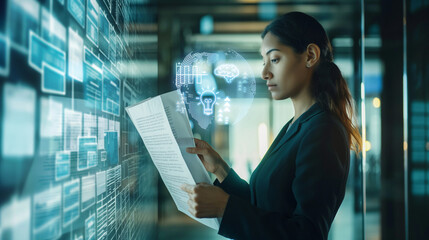 A woman is looking at a computer screen with a paper in front of her