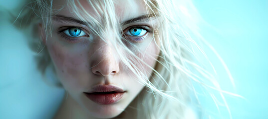 Pale scandinavian woman face with blue eyes close up. Generative ai design art concept.