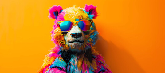 Colorful panda bear with sunglasses on orange background. Generative ai design art concept.