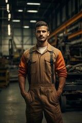 A man in overalls standing confidently in a spacious warehouse filled with industrial equipment