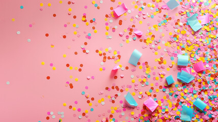 Festive party background with colorful confetti on pastel pink surface. Birthday border frame with empty copy space. Generative AI
