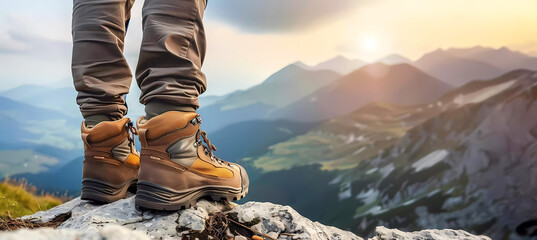 Hiking boots on a mountain closeup view. Generative ai design art concept.