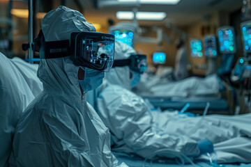 Healthcare professionals clad in personal protective equipment (PPE) work diligently in a hospital room, surrounded by medical monitors..