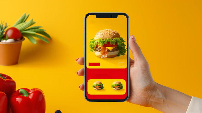 A person is holding a phone that is displaying a picture of a hamburger. a hand using a mobile app to order fast food, app is yellow and red. the phone is displaying a menu for the burger.