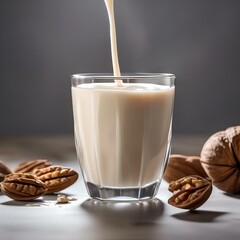 A glass of creamy walnut almond milk with a splash of honey1 - obrazy, fototapety, plakaty