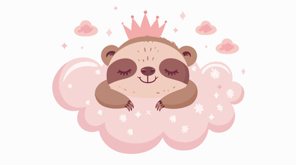 Cartoon sloth with crown isolated sleeping in pink cloud on