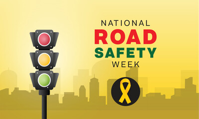 National Road Safety Week design. It features a traffic light with a yellow ribbon. Vector illustration