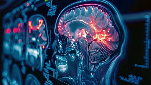 Closeup of a CT scan with brain. Medical, science and education mri brain background. Red glow,stroke,brain tumor,cerebral infarction. Medical health concept. Science 4k video