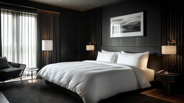 A dark bedroom with a white bed