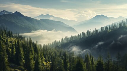 Obraz premium Mountain taiga, a wild place in Siberia. Coniferous forest, morning fog, panoramic view.