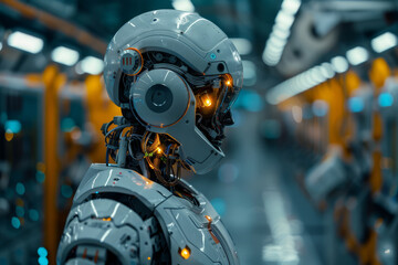 Fototapeta premium A close-up of a sophisticated robot's head, showcasing cutting-edge technology and artificial intelligence in a modern industrial setting..