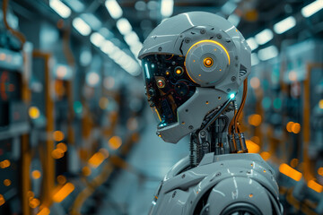 Fototapeta premium A close-up of a sophisticated robot's head, showcasing cutting-edge technology and artificial intelligence in a modern industrial setting..