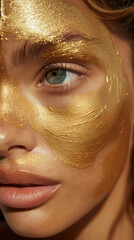 Golden Highlights Accentuate A Serene Expression In This Close-Up Of A Woman With A Luxe Gold Facial Mask