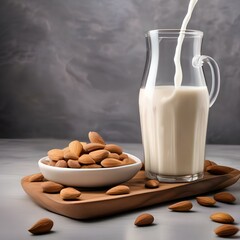 A glass of creamy cashew almond milk with a splash of honey1 - obrazy, fototapety, plakaty