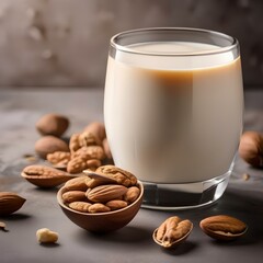 A glass of creamy walnut almond milk with a splash of honey4
