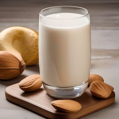 A glass of creamy cashew almond milk with a splash of honey4 - obrazy, fototapety, plakaty