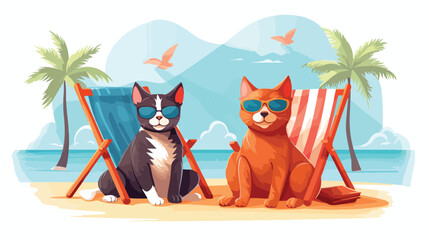 Obraz na płótnie Canvas Cat and dog happily relaxing on the beach on vacation